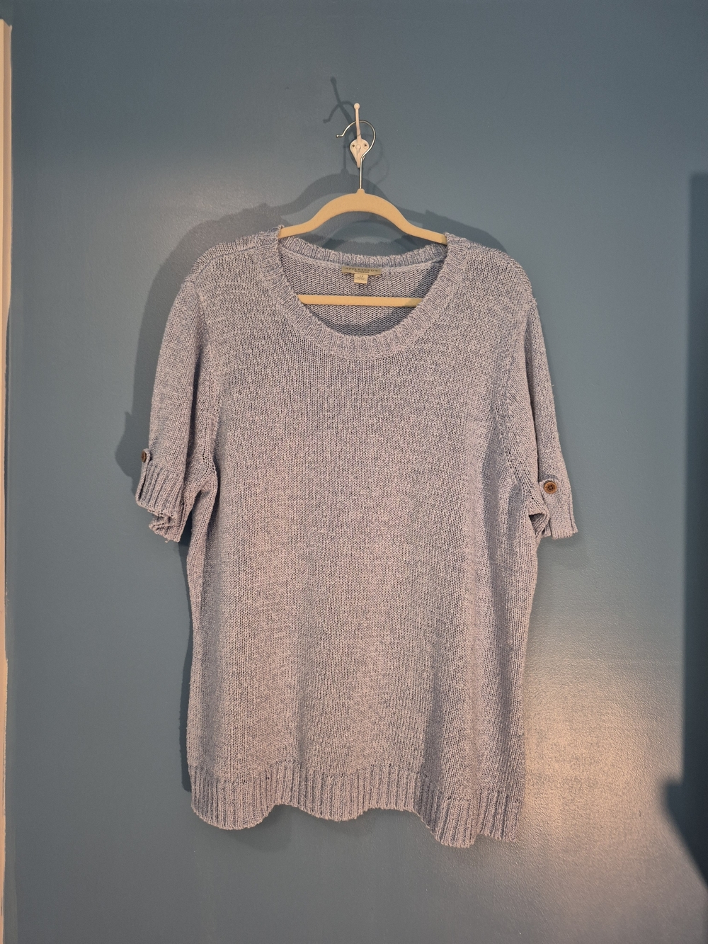 Appleseed's Pale Blue Scoop Neck Knit Top with Roll-Tab Sleeves